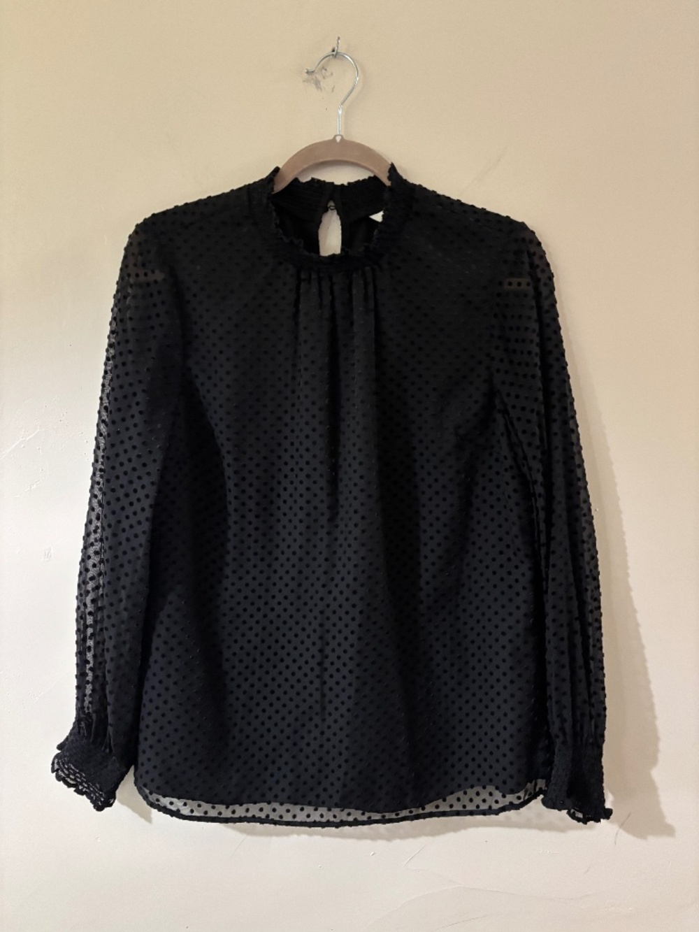 Boden polka dot black flocked ls high neck blouse perfect for holidays!